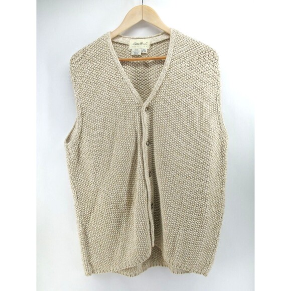 Vtg 90s Eddie Bauer Sweater Vest Cardigan Beige Chunky Knit Made in USA Mens‎ XL - Picture 1 of 6